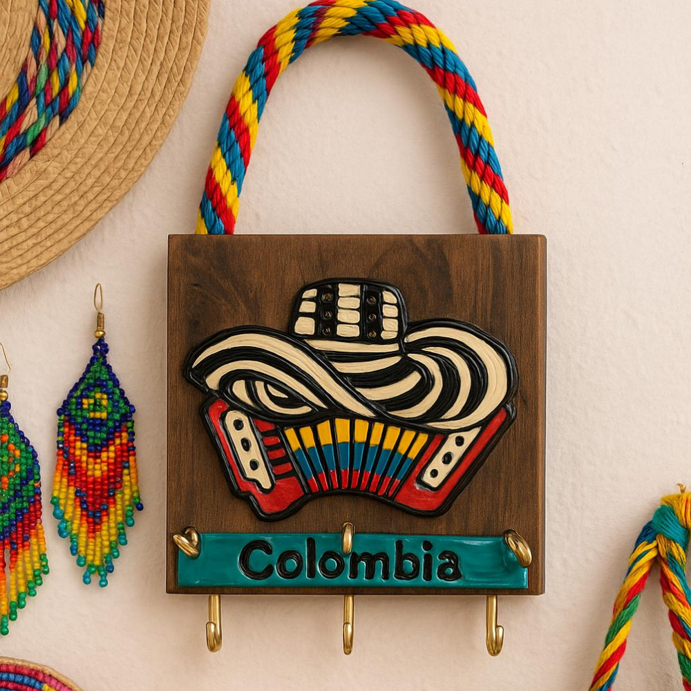 Handmade Colombian Key Holder • Mini Wooden Wall Decor • Colorful Folk Art Hooks