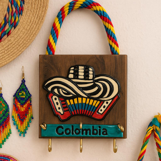 Handmade Colombian Key Holder • Mini Wooden Wall Decor • Colorful Folk Art Hooks