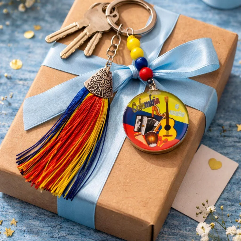 Colombian Flag Tassel Keychain – Handmade Souvenir with Beads &amp; Metal Charm – Chiva or Vallenato Design