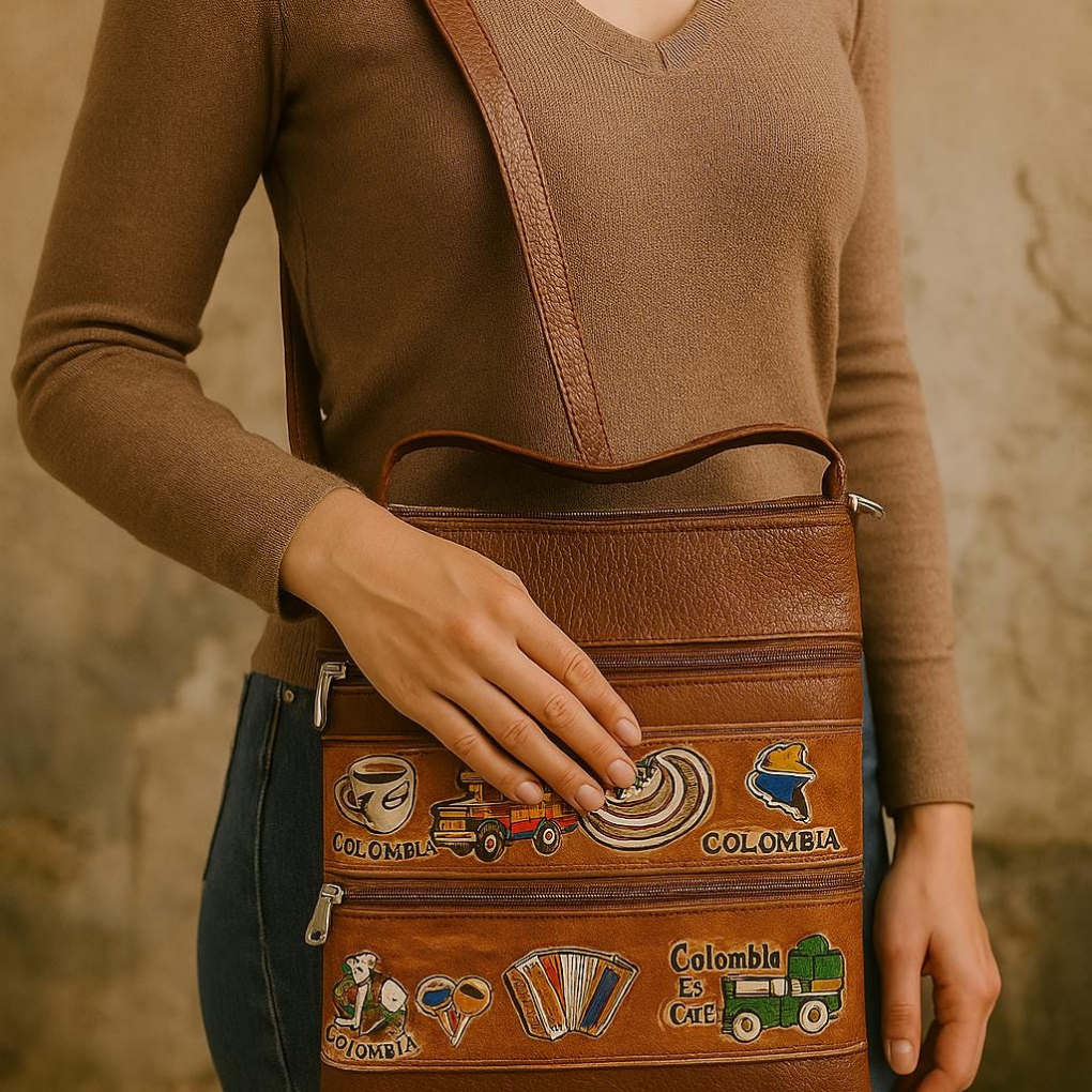 Handmade Colombian Leather Crossbody Bag – Artisan Appliqué Design