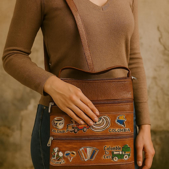 Handmade Colombian Leather Crossbody Bag – Artisan Appliqué Design
