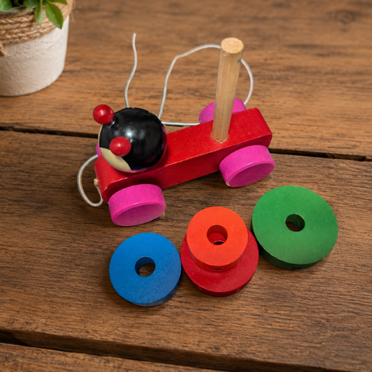Wooden Pull Toy Ladybug Car – Montessori Stacking Toy for Toddlers – Colombian Handmade