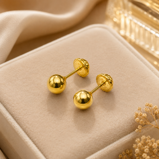 18K gold ball stud earrings, classic minimalist fine gold jewelry