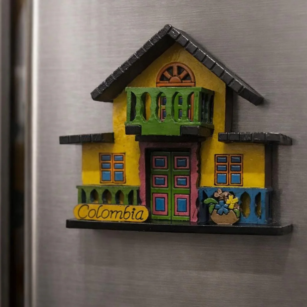 Handmade Colombian Balcony House Magnet – 3D Wooden Fridge Souvenir with Flowers