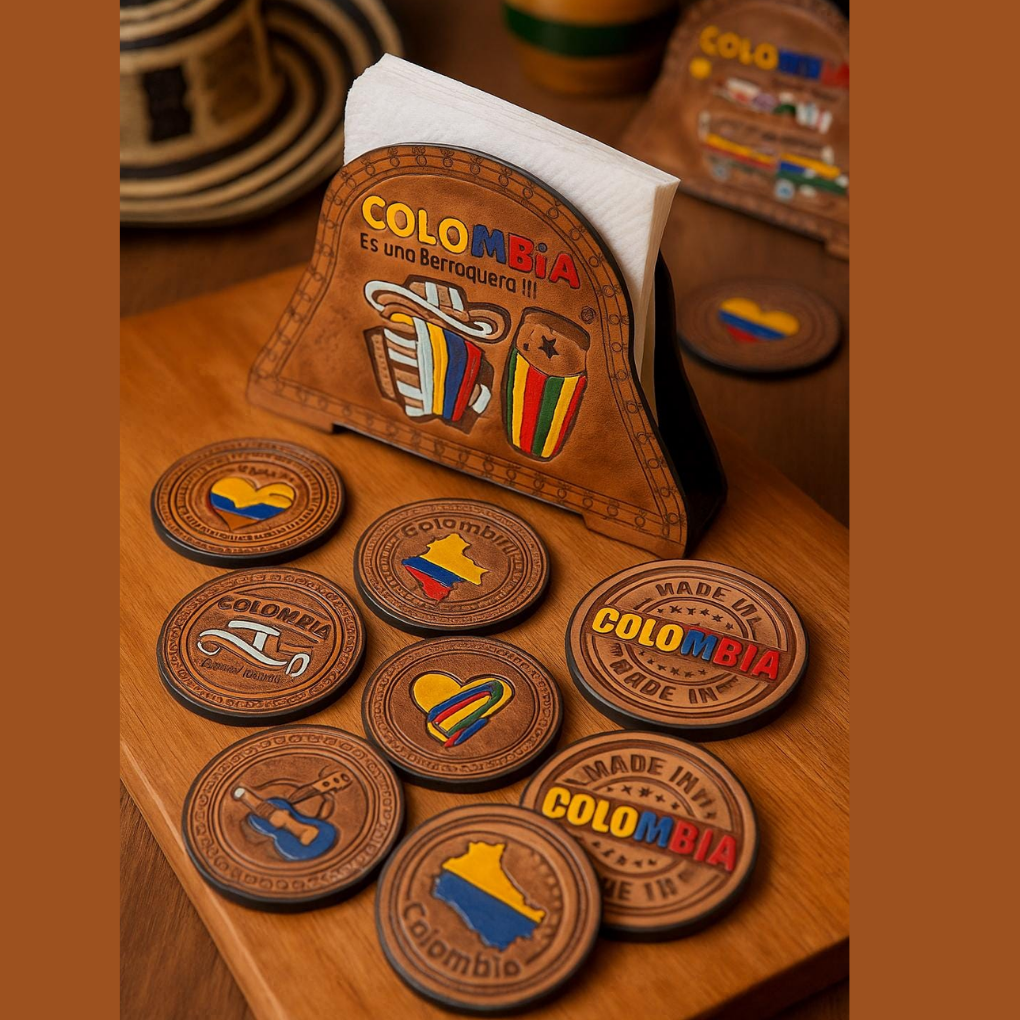 Colombian Leather Coaster Set with Holder | Handmade Decor | Cultural Gift