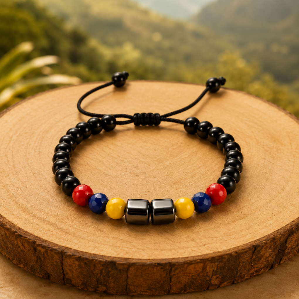Handmade Colombian Black Beaded Bracelet | Adjustable Unisex Bracelet | Colombia Flag Artisan Jewelry