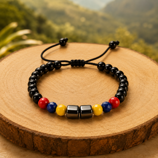 Handmade Colombian Black Beaded Bracelet | Adjustable Unisex Bracelet | Colombia Flag Artisan Jewelry
