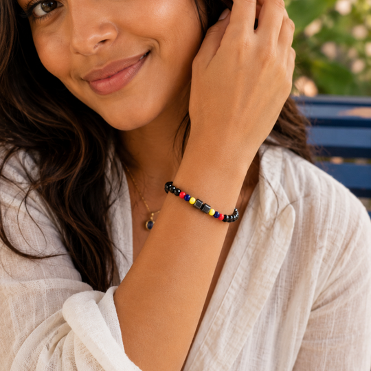 Handmade Colombian Black Beaded Bracelet | Adjustable Unisex Bracelet | Colombia Flag Artisan Jewelry