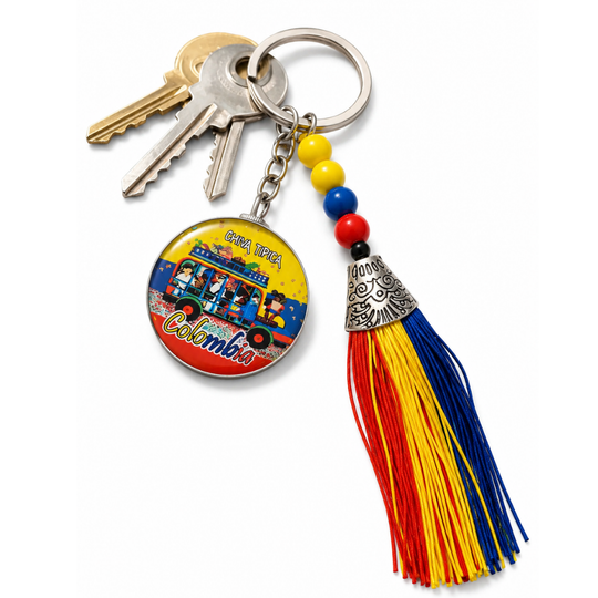 Colombian Flag Tassel Keychain – Handmade Souvenir with Beads &amp; Metal Charm – Chiva or Vallenato Design