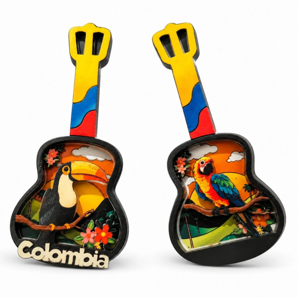 Handmade Colombian 3D Guitar Magnet with Toucan or Macaw | Colorful Fridge Decor