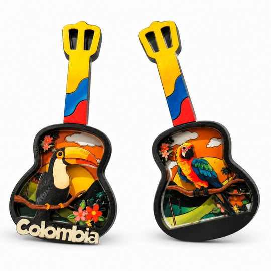 Handmade Colombian 3D Guitar Magnet with Toucan or Macaw | Colorful Fridge Decor