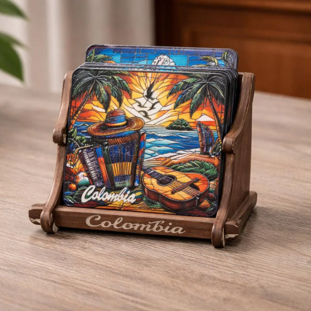 Colorful Colombian Coaster Set with Holder • Tropical Coffee Art • Artisan Wooden Decor