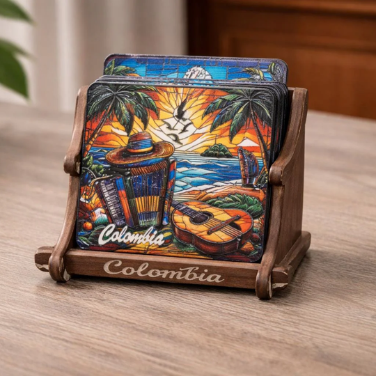 Colorful Colombian Coaster Set with Holder • Tropical Coffee Art • Artisan Wooden Decor