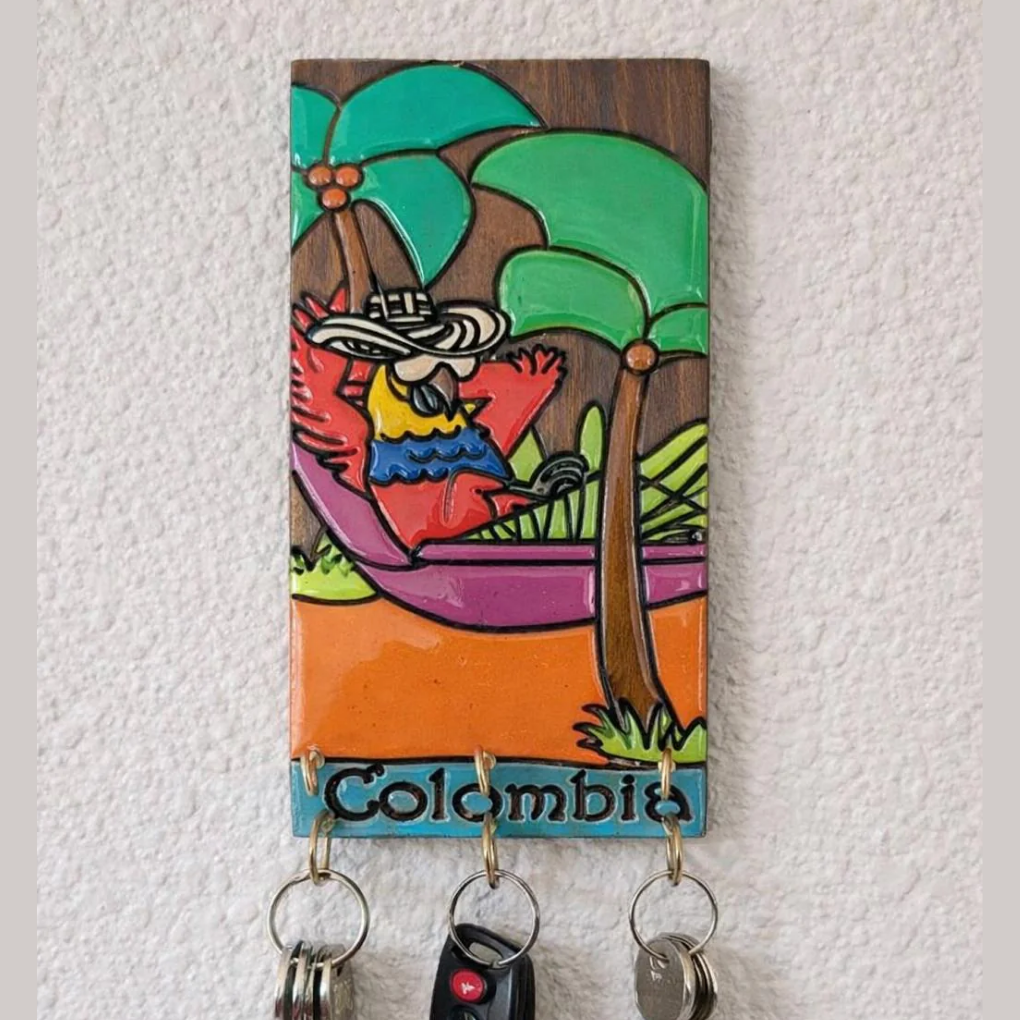Handcrafted Colombian Wooden Key Holder - Tropical Folk Wall Decor Organizer