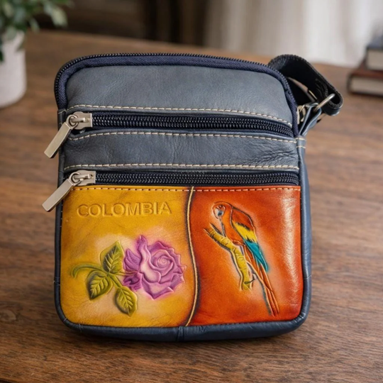 Handmade Leather Colombia Mini Bag – Tooled Tula Purse with Rose &amp; Macaw