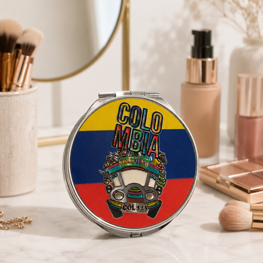 Handcrafted Colombian Makeup Mirror Chiva Truck and Tropical Bird Beauty Accessory