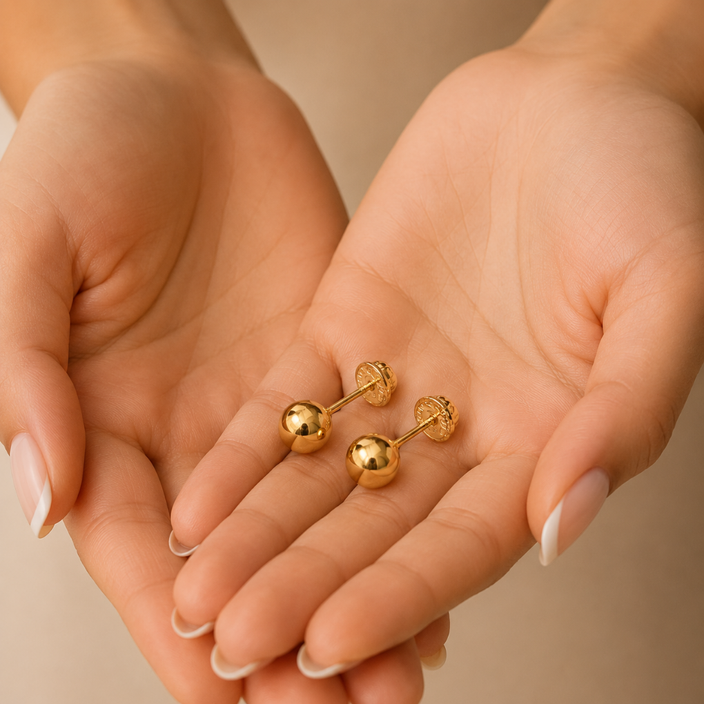 18K gold ball stud earrings, classic minimalist fine gold jewelry