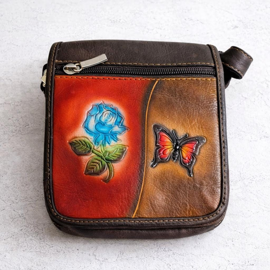 Handmade Leather Carriel Purse – Small Tooled Tula Bag with Flower &amp; Butterfly