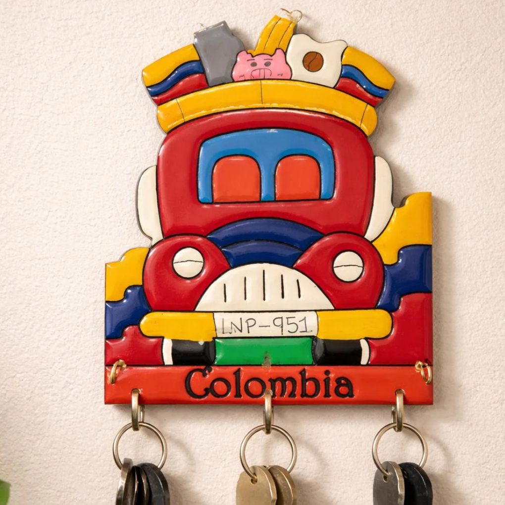 Colombian Wooden Key Holder Wall Decor • Colorful Artisan Hooks • Tropical Home Gift