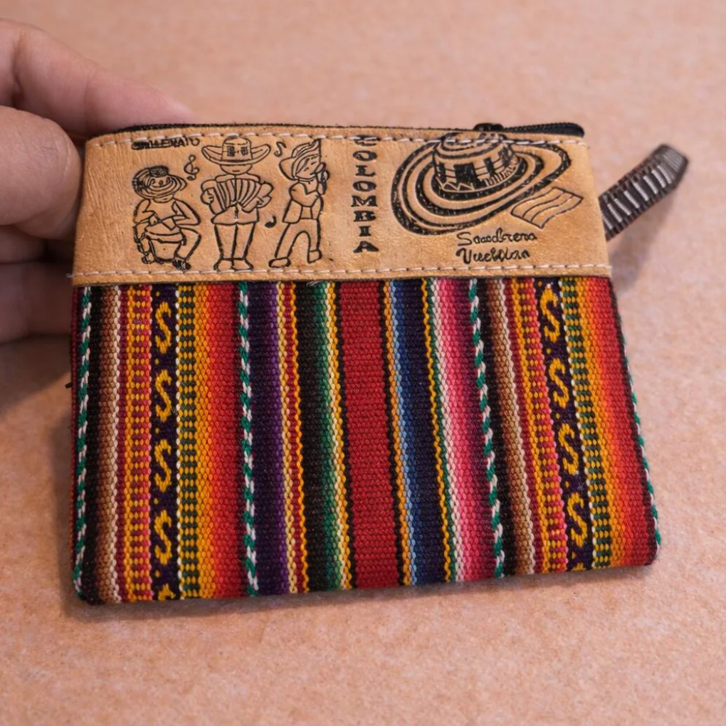 Handmade Colombian Leather &amp; Textile Wallet | Women’s Artisan Coin Purse, Cultural Zipper Pouch Gift