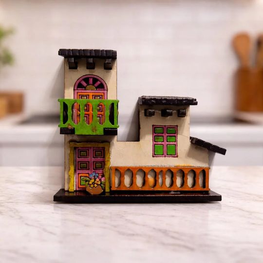 Handmade Colombian Two-Story House Magnet – 3D Wooden Fridge Souvenir with Balcony and Flowers