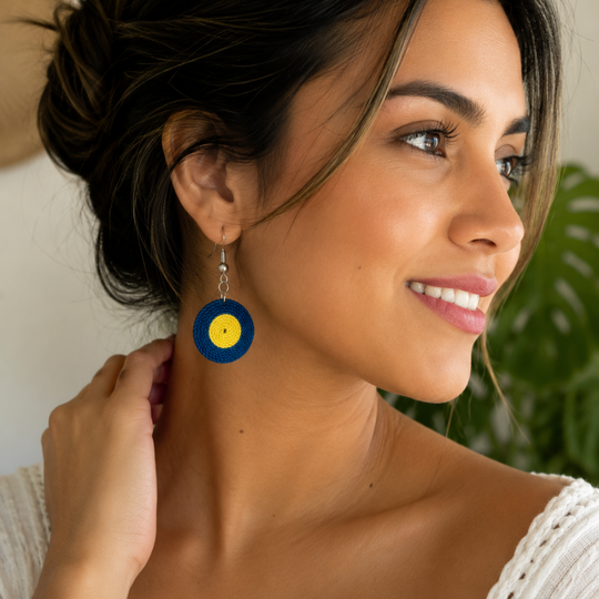 Handmade Colombian colorful round woven dangle earrings