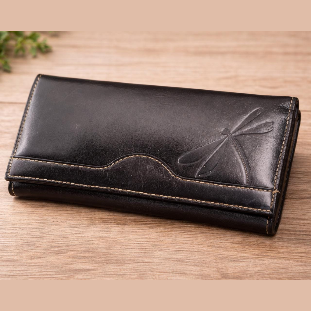 Handmade Black Leather Checkbook Wallet – Large Women’s Clutch with Dragonfly Embossing