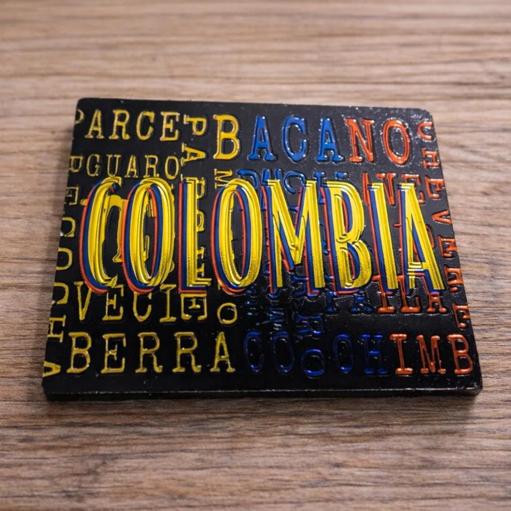 Golden Colombia Map Magnet – Shiny Metallic Souvenir with National Flag Colors