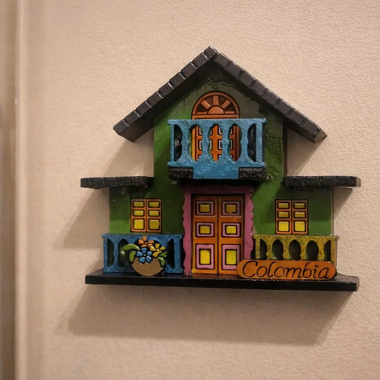 Handmade Colombian Balcony House Magnet – 3D Wooden Fridge Souvenir with Flowers