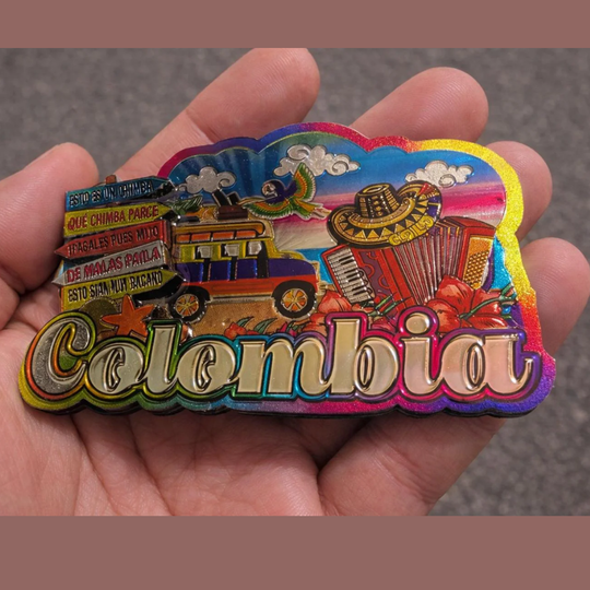 Colombia Holographic Magnet – MDF Fridge Magnet with Chiva, Sombrero Vueltiao &amp; Funny Colombian Sayings