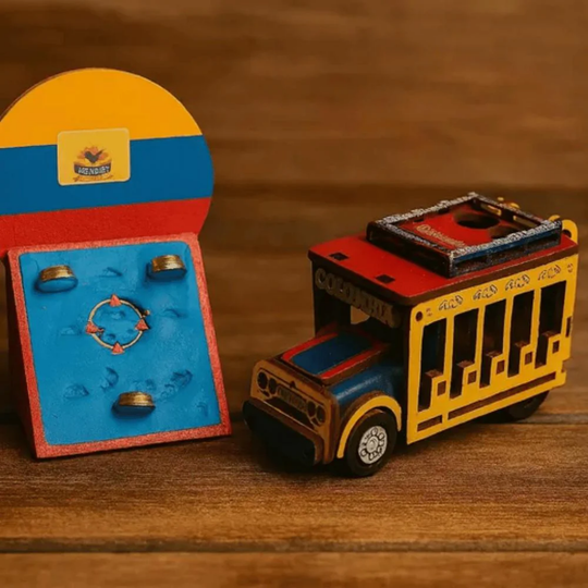 Handmade Colombian Miniature Set • Willys Jeep, Chiva Bus &amp; Tejo Game