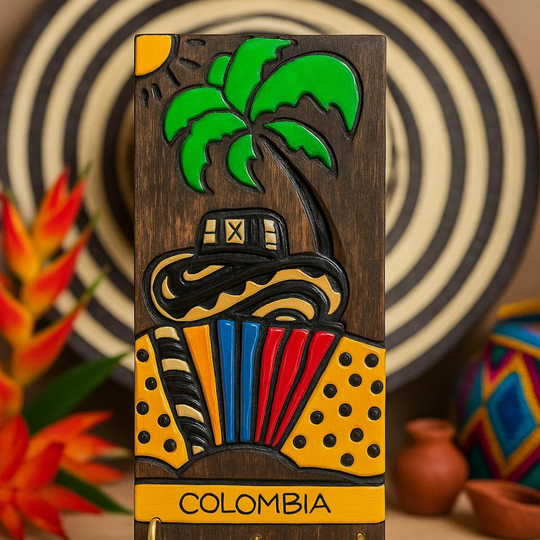 Colombian Wall Key Holder • Colorful Folk Art Decor • Handmade Tropical Wooden Rack