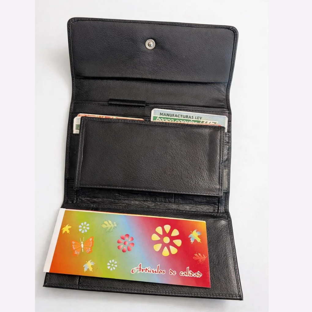 Handmade Black Leather Wallet – Large Checkbook Clutch with Zipper Pocket