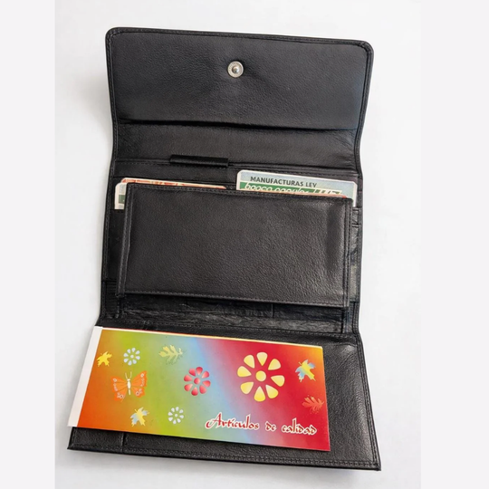 Handmade Black Leather Wallet – Large Checkbook Clutch with Zipper Pocket