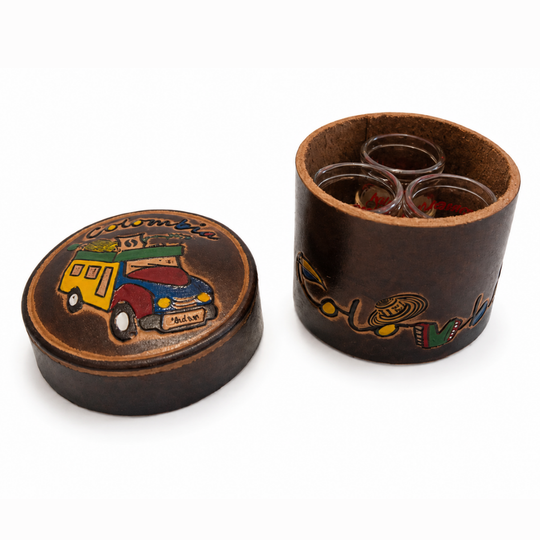 Set of 3 Handmade Shot Glasses with Leather Case and Lid – Colombian Design