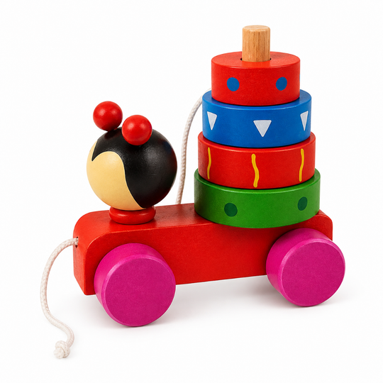 Wooden Pull Toy Ladybug Car – Montessori Stacking Toy for Toddlers – Colombian Handmade