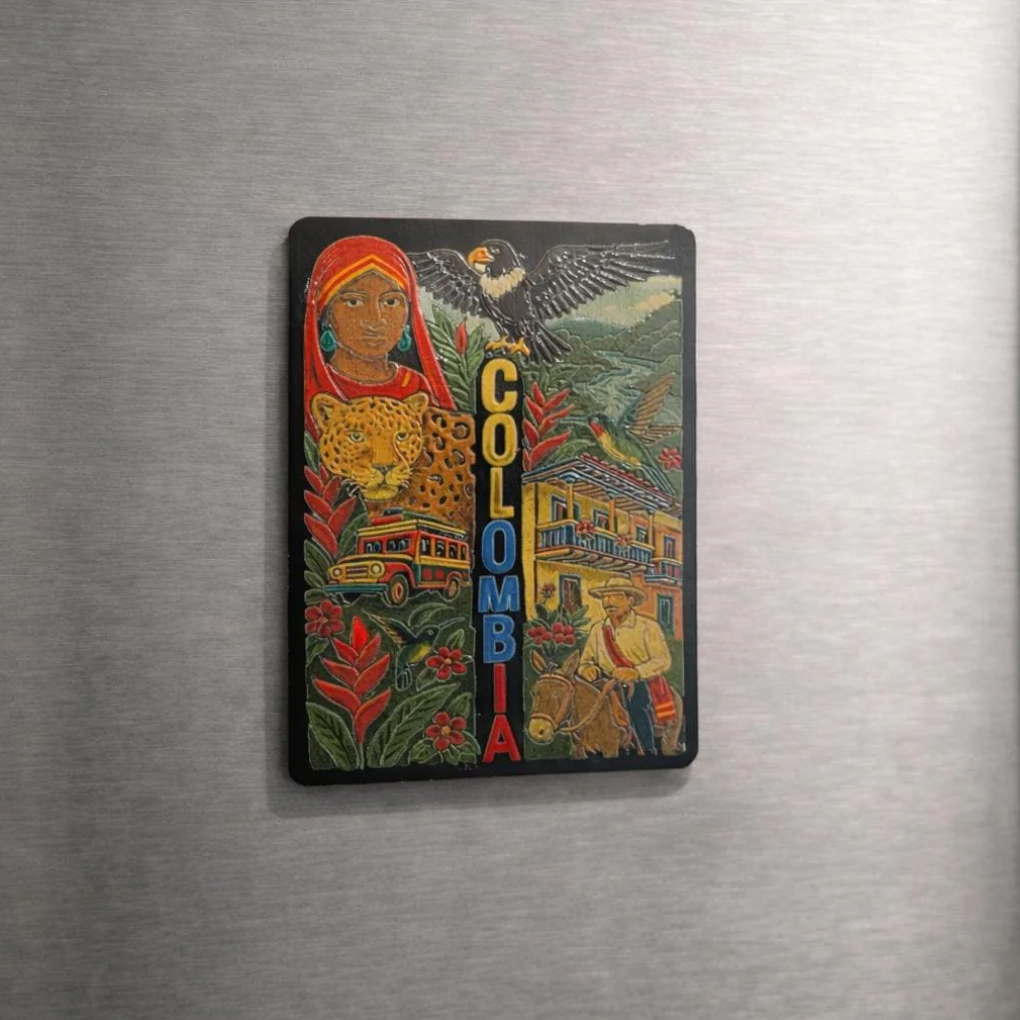 Colombia Souvenir Magnet – MDF Fridge Magnet with Jaguar, Indigenous Woman, Andean Condor &amp; Chiva Bus