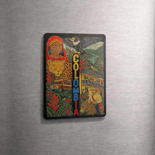 Colombia Souvenir Magnet – MDF Fridge Magnet with Jaguar, Indigenous Woman, Andean Condor &amp; Chiva Bus