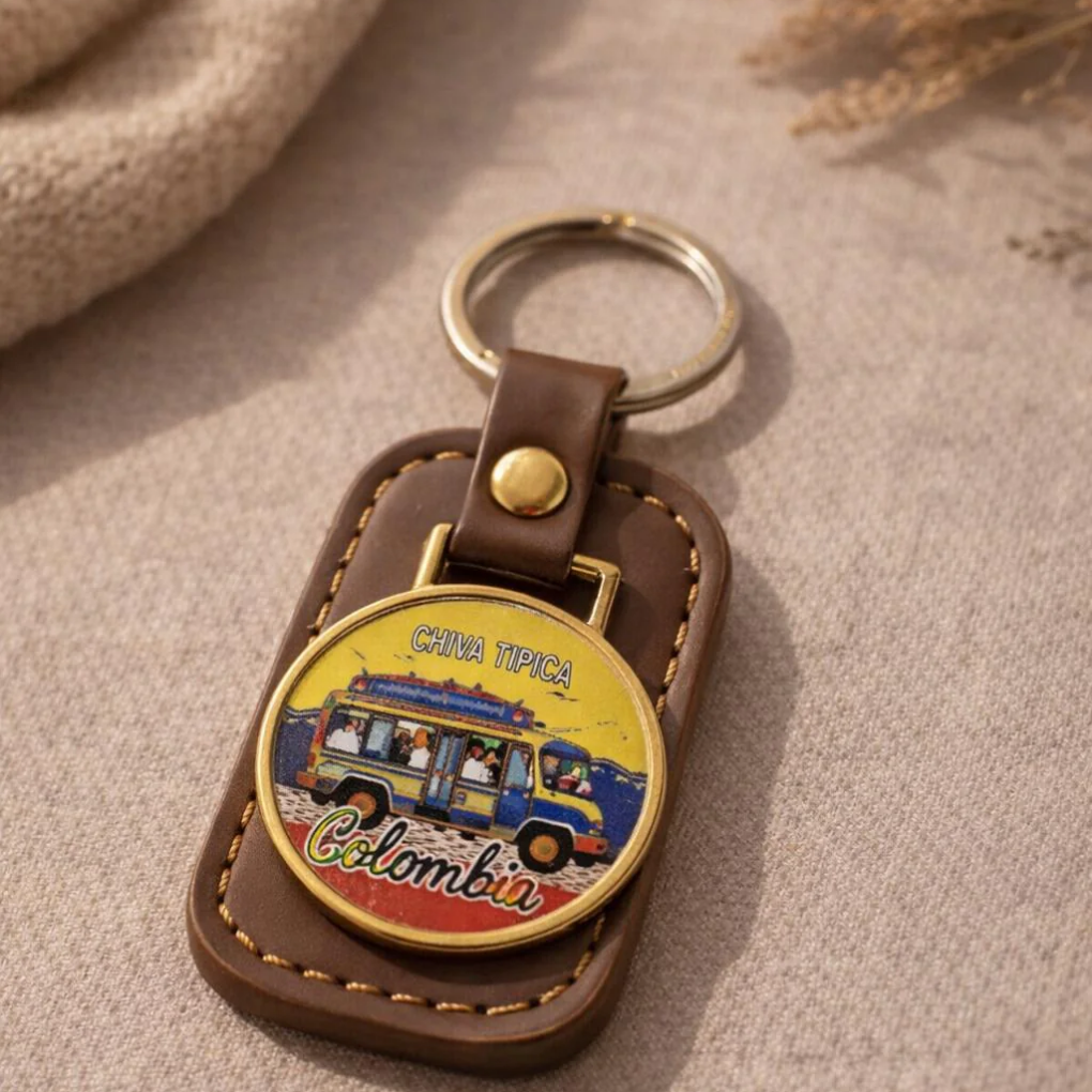 Colombian Keychain – Faux Leather Souvenir with Metal Badge – Sombrero Vueltiao &amp; Chiva Design