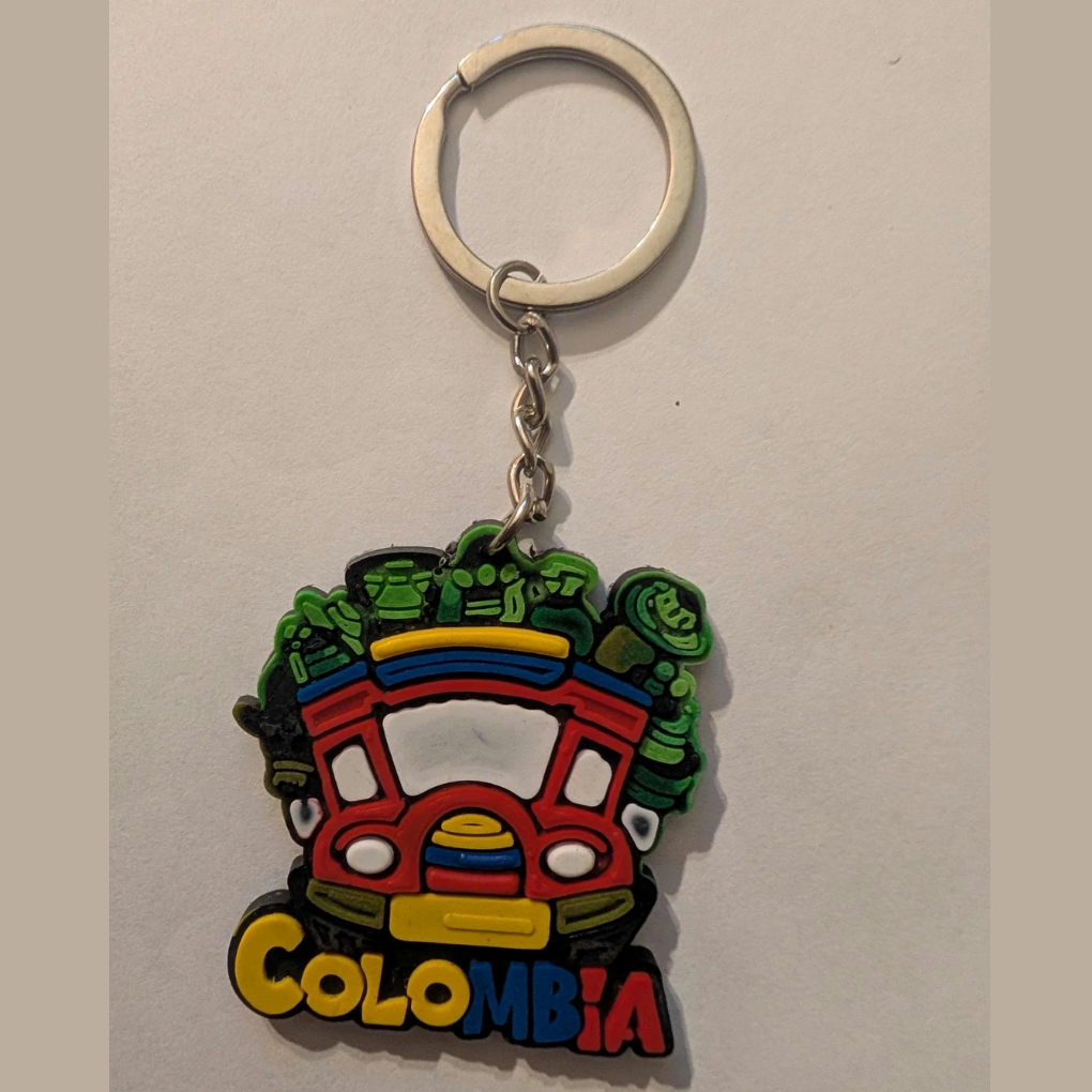 Colombian Rubber Keychain Set – Handmade-Style Souvenirs with Chiva, Jeep, Hat &amp; Parrot Designs