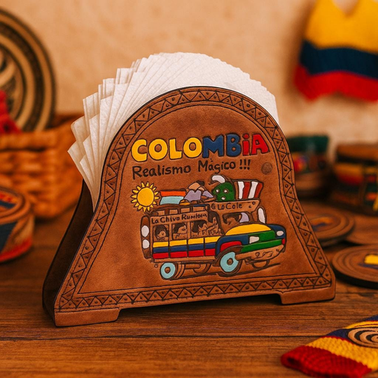 Colombian Leather Coaster Set with Holder | Handmade Decor | Cultural Gift