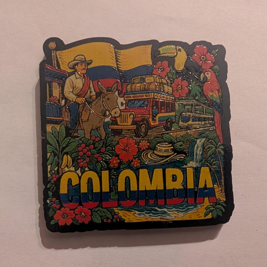 Colombia Souvenir Magnet – Colorful MDF Fridge Magnet with Chiva, Farmer &amp; Tropical Flowers
