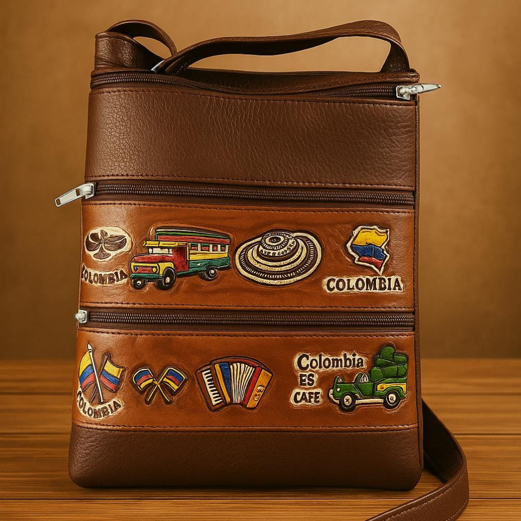 Handmade Colombian Leather Crossbody Bag – Artisan Appliqué Design