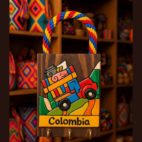 Handmade Colombian Key Holder with Rope Handle • Small Wall Hanger • Colorful Rustic Decor