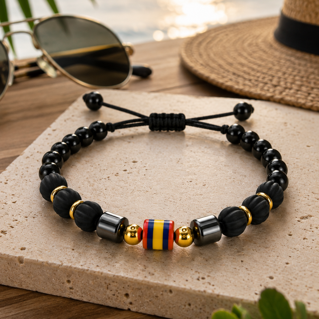 Premium Handmade Colombian Flag Bracelet | Black Beaded Adjustable Bracelet | Artisan Jewelry