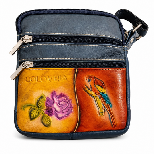 Handmade Leather Colombia Mini Bag – Tooled Tula Purse with Rose &amp; Macaw