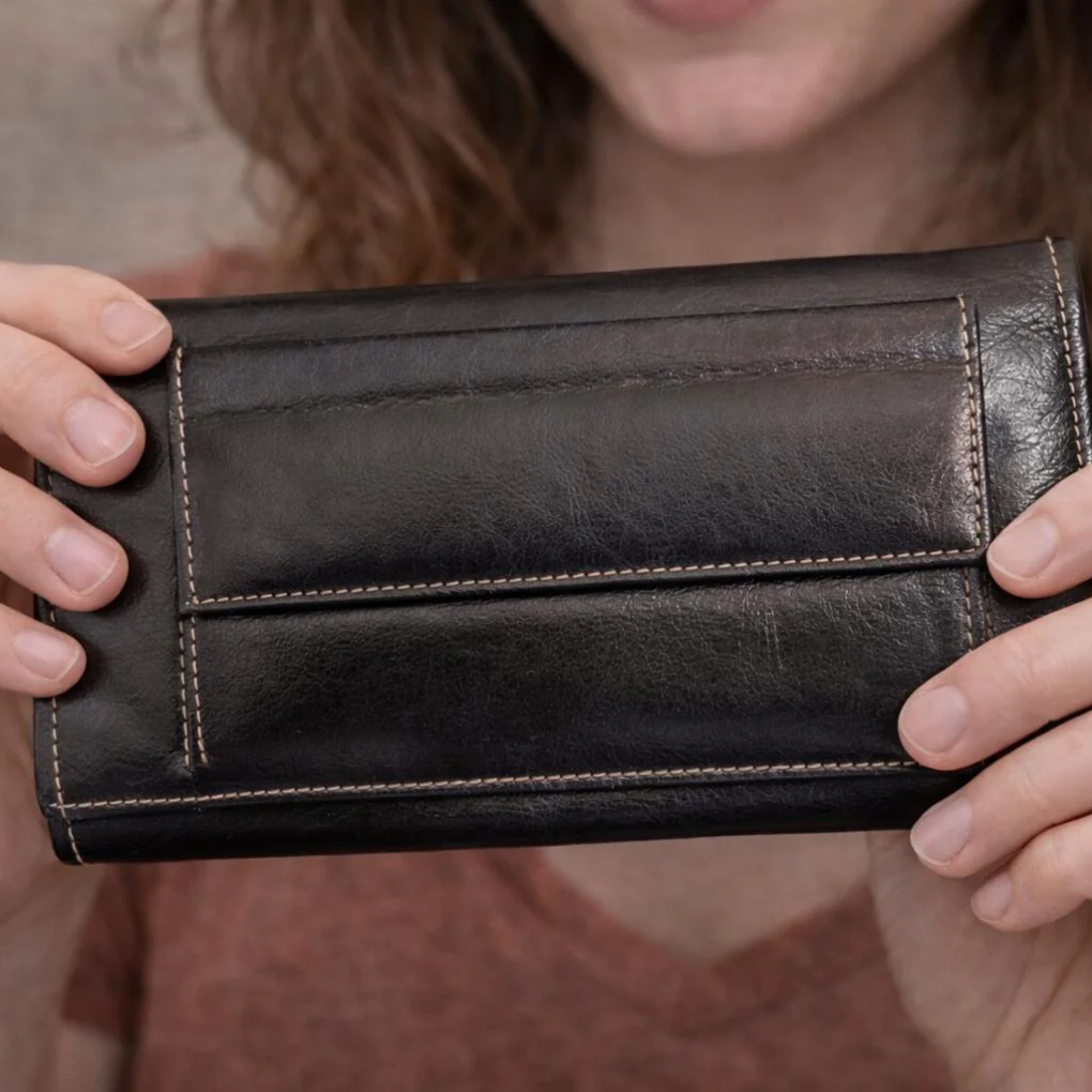 Handmade Black Leather Checkbook Wallet – Large Women’s Clutch with Dragonfly Embossing