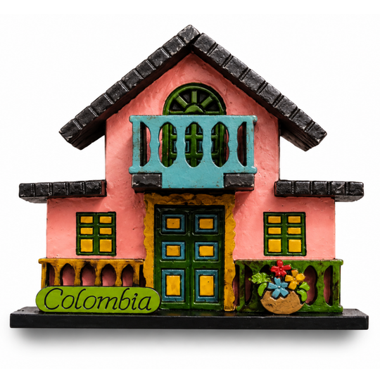 Handmade Colombian Balcony House Magnet – 3D Wooden Fridge Souvenir with Flowers