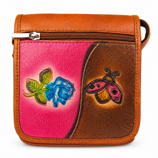 Handmade Leather Carriel Purse – Small Tooled Tula Bag with Flower &amp; Butterfly