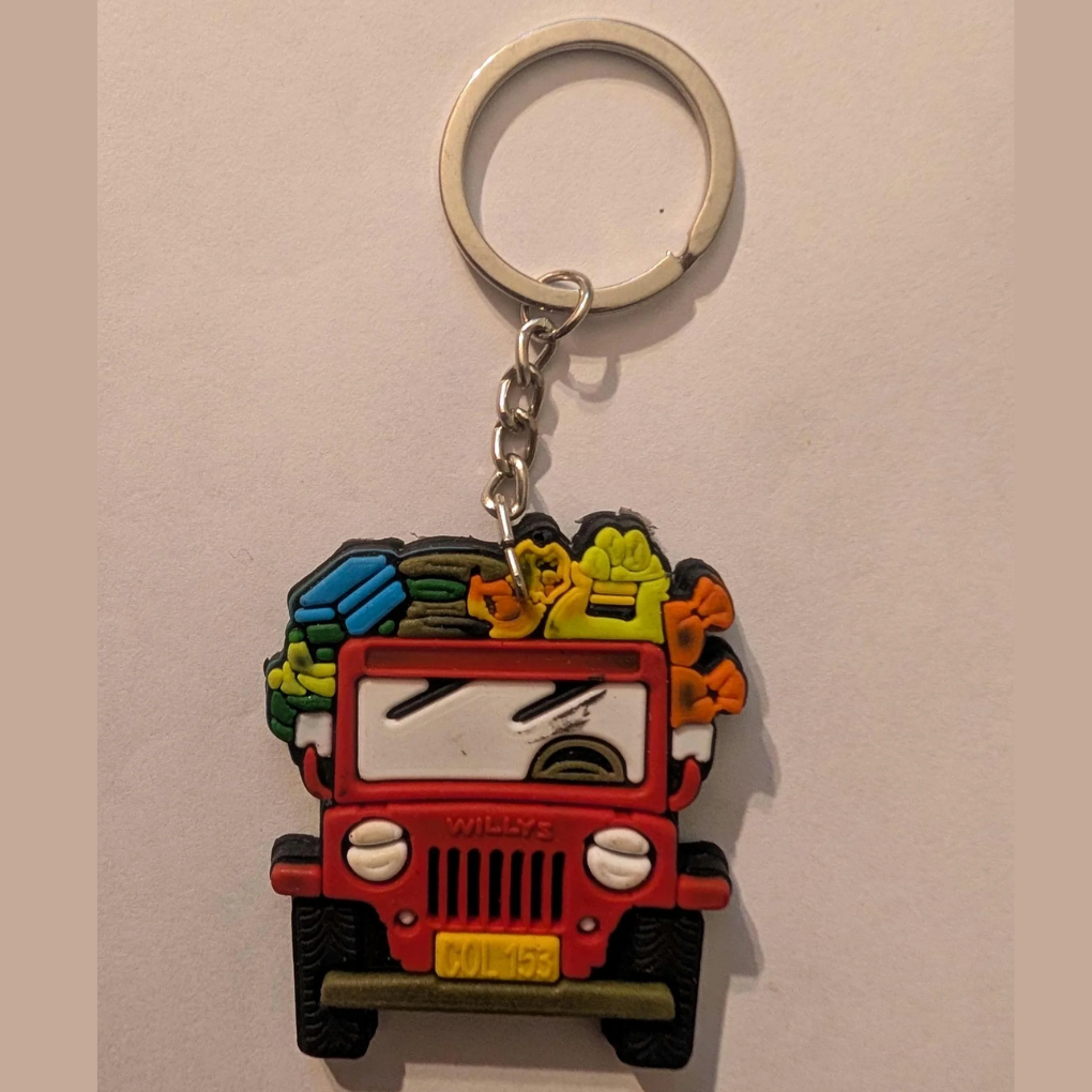 Colombian Rubber Keychain Set – Handmade-Style Souvenirs with Chiva, Jeep, Hat &amp; Parrot Designs